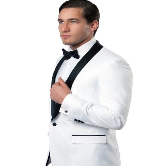Bow Mens White Tuxedo Jacket With Black Lapels Mens Button Shawl